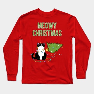 Meowy Christmas Tuxedo Cat Knocked Over Tree Long Sleeve T-Shirt